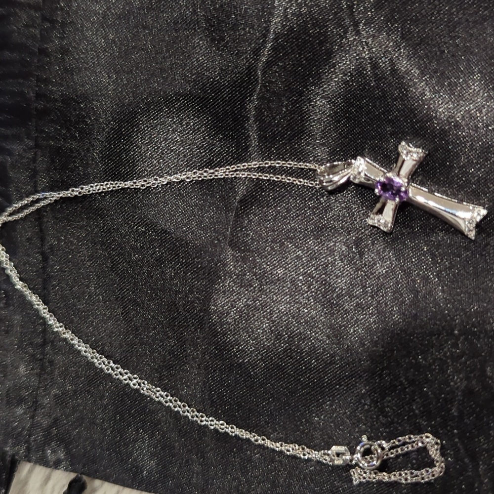 New Sigal Sterling silver Gem Cross pendant with an amethyst and silver necklace